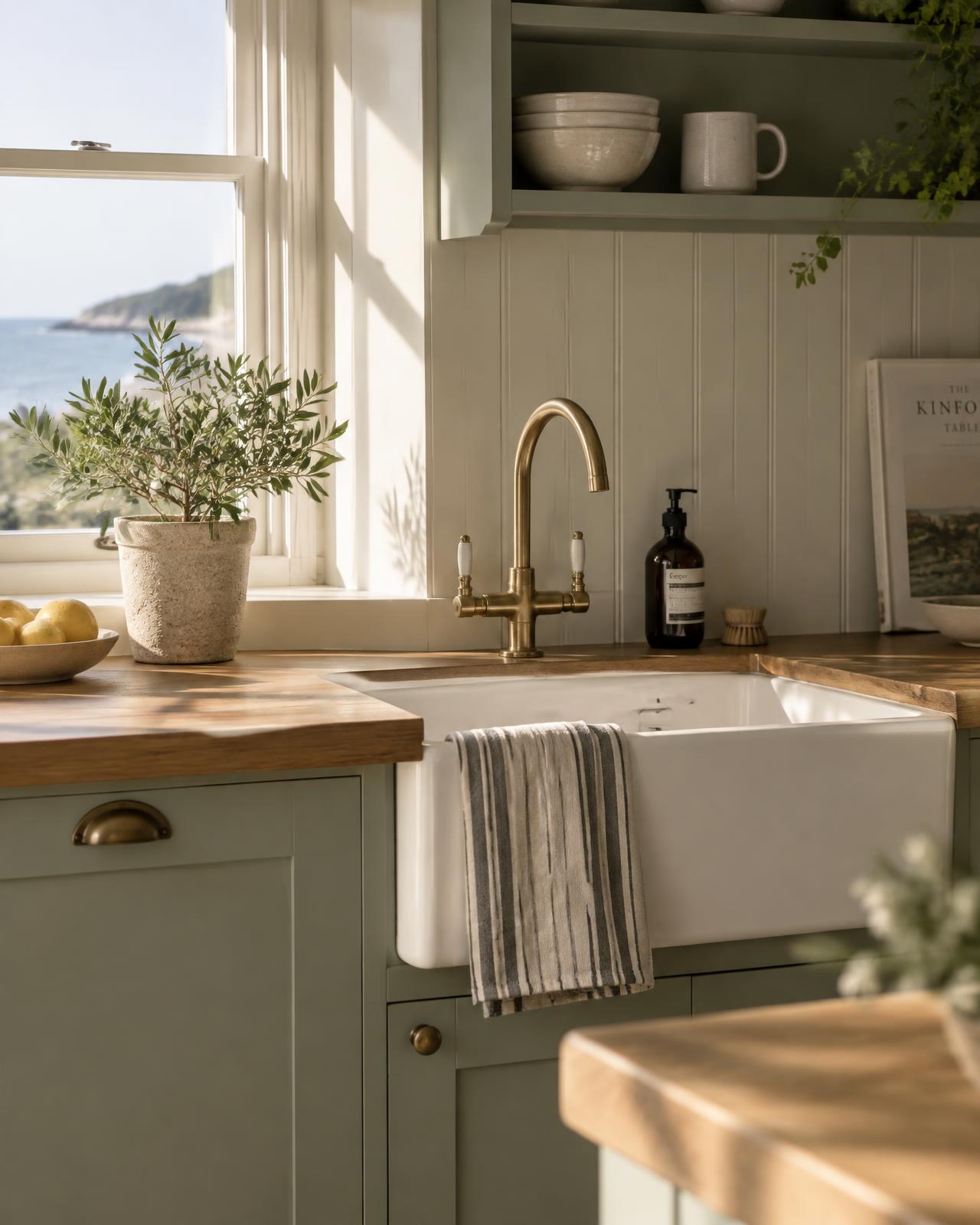 Sunlit sage-green kitchen in a Dorset coastal home
